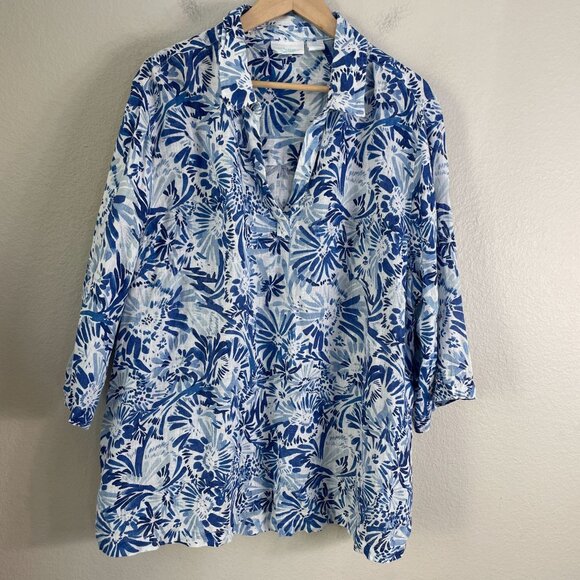 Cynthia Rowley Womens Plus 2X Blue White Floral 100% Linen Button Up Shirt - Picture 6 of 10